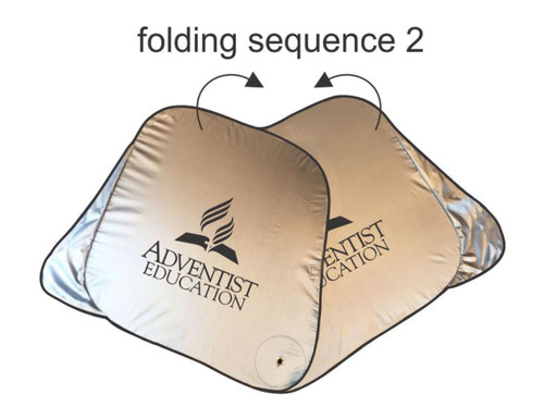 A foldable sunshade in a metallic shade with a logo, designed for outdoor leisure use.