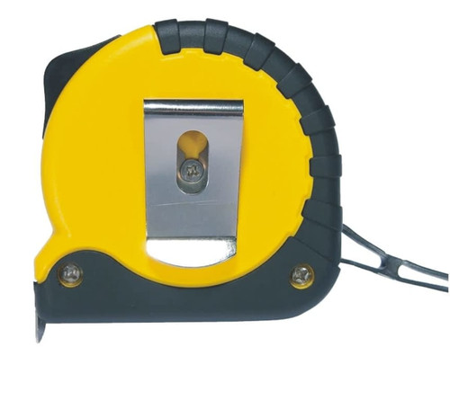 A yellow and black tape measure with a metal clip and a textured grip, featuring a logo on the casing.
