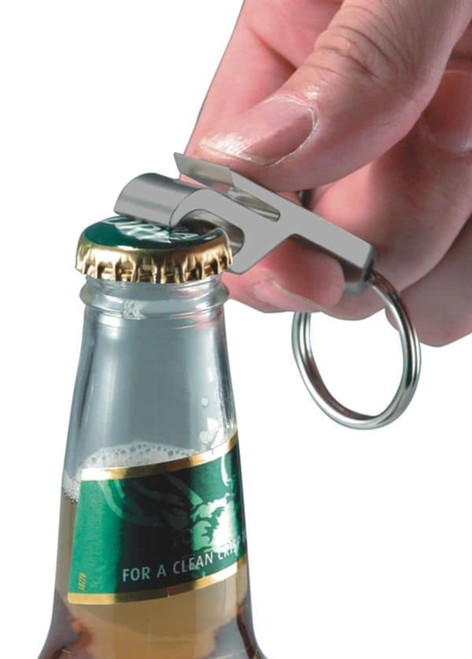 A drink bottle opener keyring in silver being used to open a beer bottle, featuring a keyring attachment.