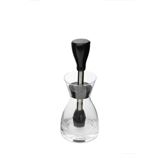 A glass marinade bottle with a black handle and brush, designed for easy application. It features a sleek, modern shape.