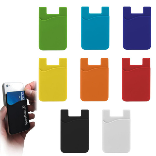 A collection of soft touch silicone phone card holders in various colours: green, blue, purple, yellow, orange, red, black, and white.