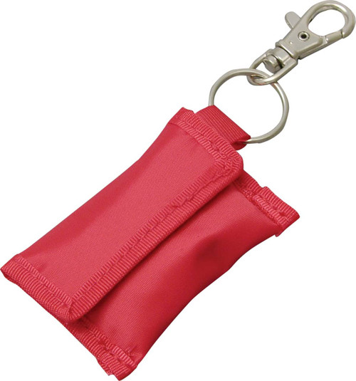 A red CPR mask keyring with a clip, featuring a compact, durable pouch design.