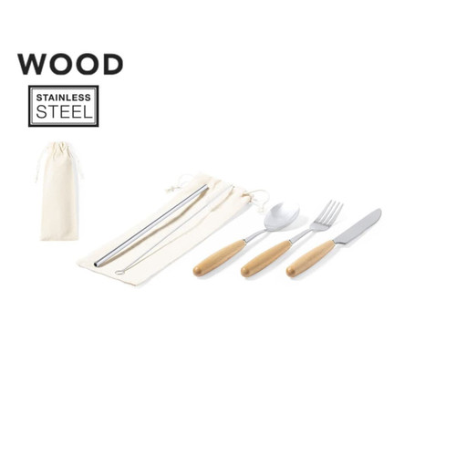 CUTLERY SET  5 piece stainless steel with natural wood handle