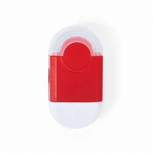 A red and white promotional product with a rounded design and a logo on the surface.