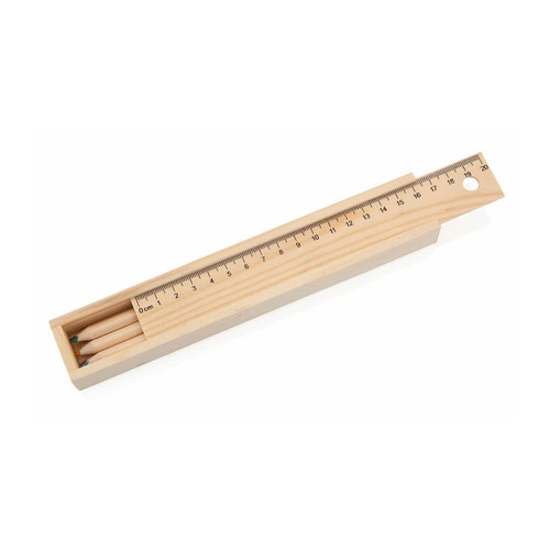 Pencil Set x 6 in natural wood box with ruler