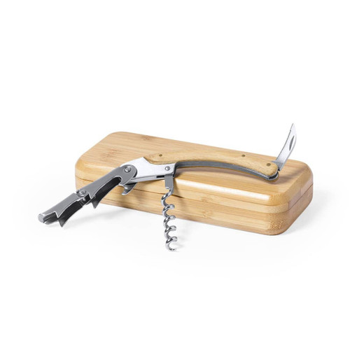 Bottle opener and CORKSCREW made in bamboo and metal packed in a bamboo case