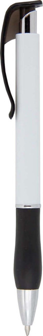 A white and black push-button plastic pen with a shiny chrome tip and a clip on the top.