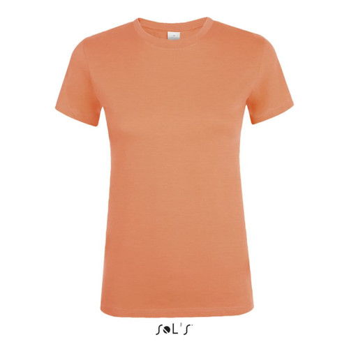 A women's T-shirt in a soft orange colour, made from 100% semi-combed ring-spun cotton, featuring a logo.