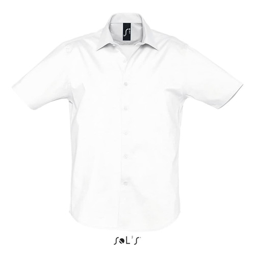 A white short-sleeve button-up shirt featuring a logo. Designed for men with a stretch fabric.