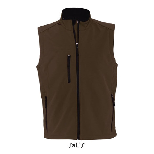 A softshell vest in olive green with a high collar and multiple zippered pockets, featuring a logo at the bottom.