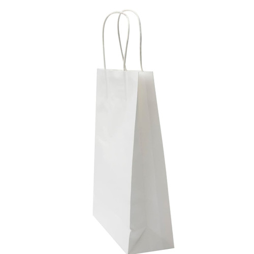 A medium-sized white paper bag with twisted handles and a flat base, featuring a branding logo.