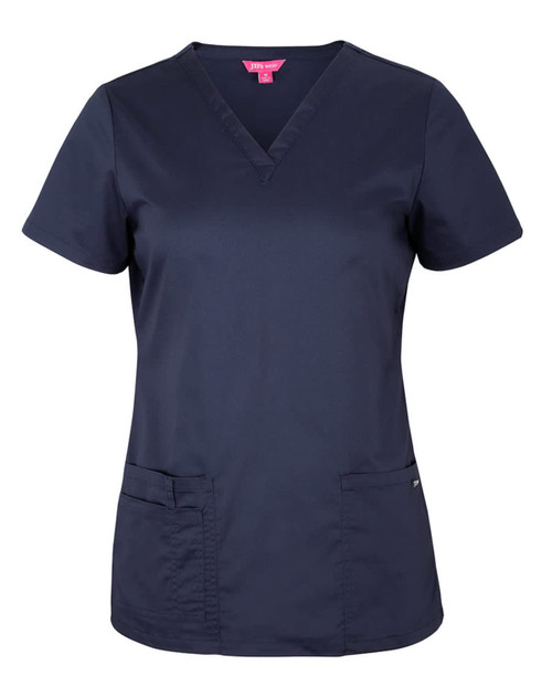 A navy blue scrub top featuring a V-neck design with two front pockets and a logo.