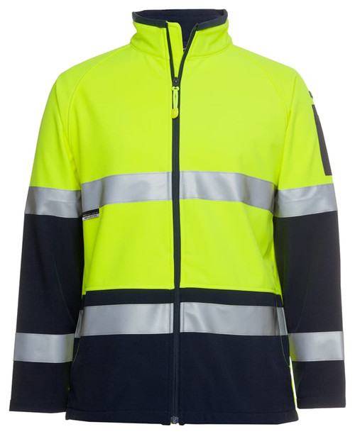 A softshell jacket in high visibility yellow with black accents and reflective strips, featuring a logo.