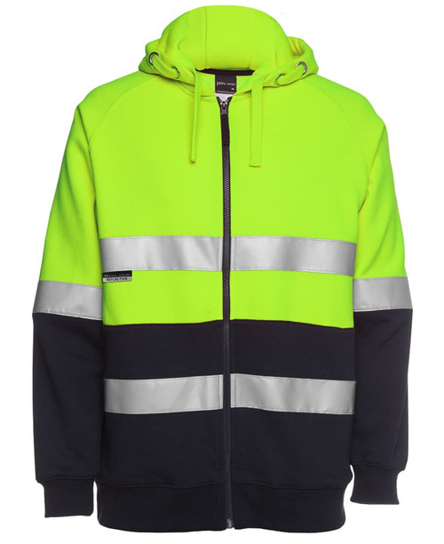 A high-visibility hoodie in fluorescent yellow and black, featuring reflective stripes and a hood, with a logo.