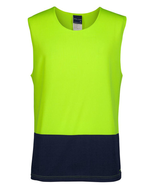 A lime green and navy work singlet with a logo on it. It features a sleeveless design and a simple cut.