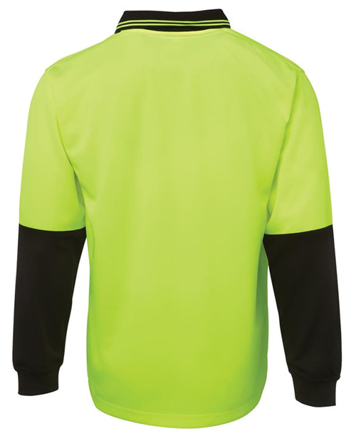 A long-sleeve polo shirt featuring a vibrant yellow body and black sleeves, with a collar and a logo.