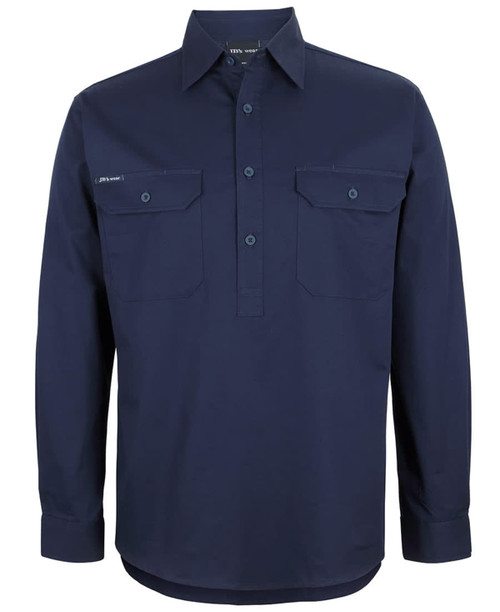 Navy long-sleeve work shirt with two front pockets and a logo. Suitable for workwear.