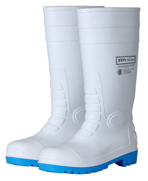 White boots with a blue sole, featuring a smooth surface and a branded logo on the side.