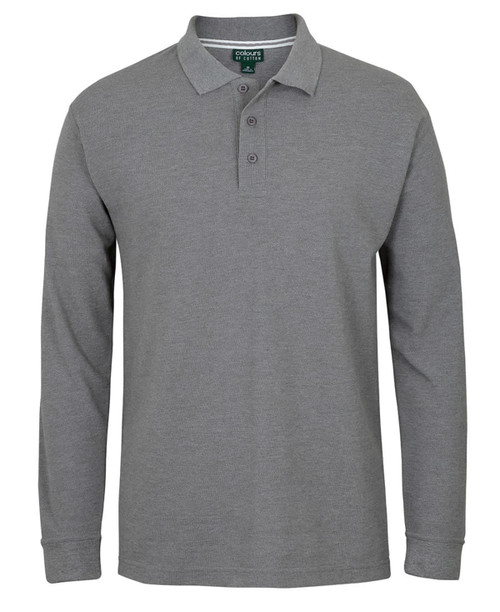 A long-sleeve grey pique polo shirt featuring a collar and buttons, with a logo on the chest.