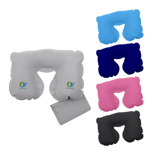 An inflatable travel pillow is displayed in grey, blue, pink, black, and a different shade. It features a logo.