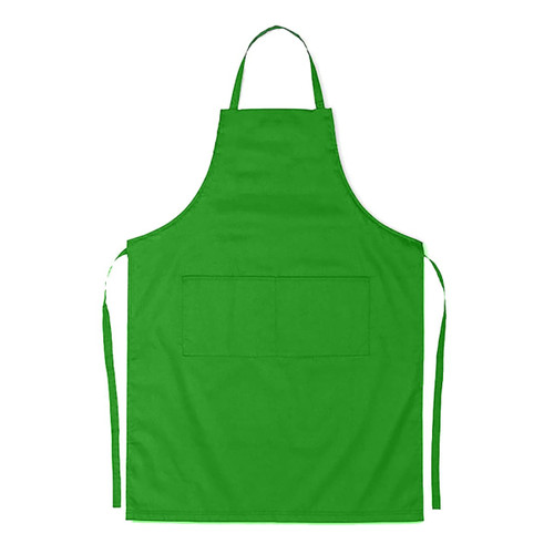 A bright green junior cotton apron for ages 8-12, featuring a front pocket and adjustable ties.