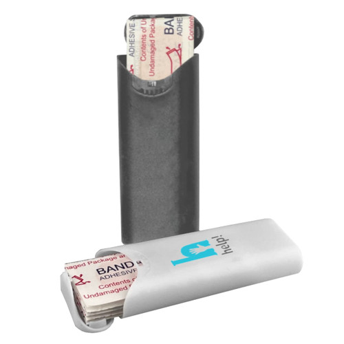 A black and white bandage case containing adhesive bandages, featuring a logo on the white case.