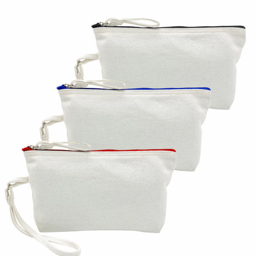 Three canvas cosmetic bags in white, each with a coloured zip (black, blue, and red) and a wrist strap.