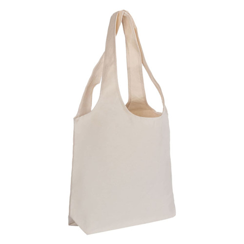 A cream-coloured tote bag with two long handles and a simple design. It features branding on one side.