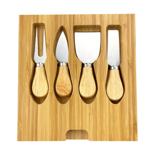 A bamboo cheese board featuring four stainless steel knives with wooden handles. Includes a fork, soft cheese knife, and two serving knives.