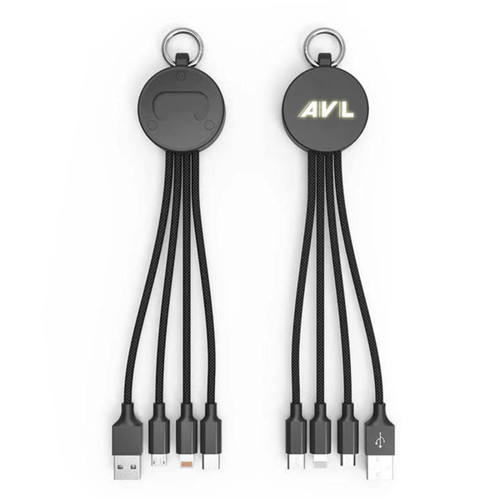 A drink bottle opener with a small circular design and four black charging cables attached, featuring a logo.