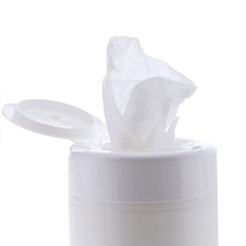A white container with a lid, featuring a wet tissue partially pulled out. The container has a simple design.