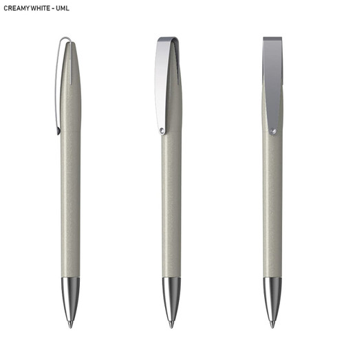 A creamy white plastic pen with a sleek silver clip and tip, featuring three different angles for display.