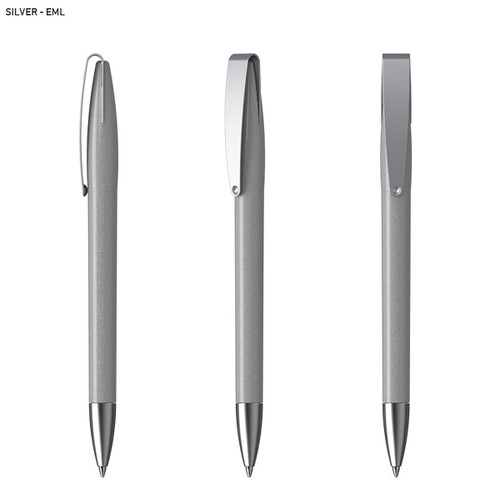 A silver pen with a metallic finish, featuring a sleek design and a clip for easy attachment.