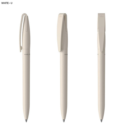A pen in a soft white colour with a sleek design and a clip, featuring a logo on its side.