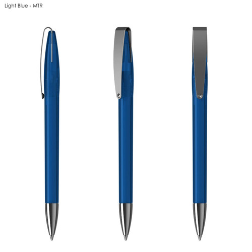 A light blue plastic pen with a silver clip and metallic tip, displayed from three angles.