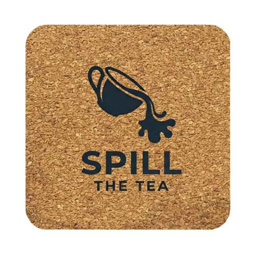 A square cork coaster featuring a dark graphic of a teapot and the words "Spill The Tea," in natural tones.