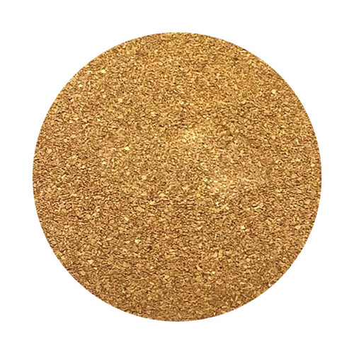 A round cork coaster with a textured, golden surface, featuring a branding logo.