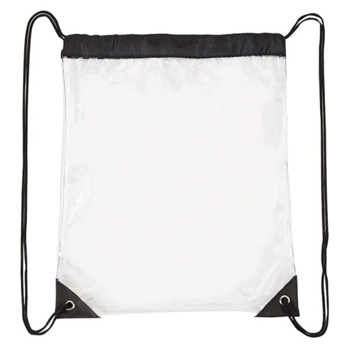 A clear drawstring backpack with black accents and corners, featuring adjustable straps and a simple design.