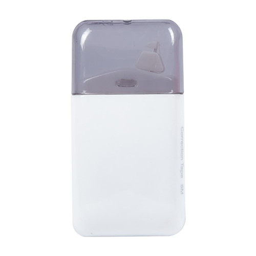 A correction tape dispenser in white with a grey top, featuring a compact design and a logo.