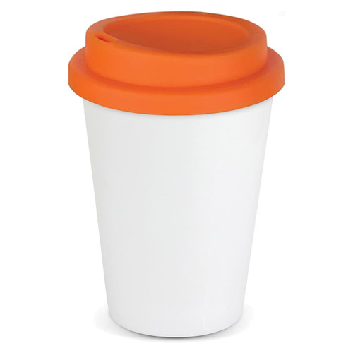 A drink bottle featuring a white body and an orange lid, designed as a reusable coffee cup.