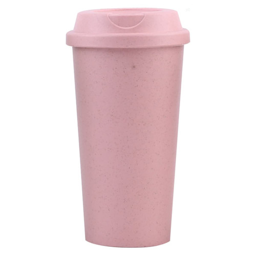 A reusable coffee cup in soft pink with a matching lid and a logo feature.
