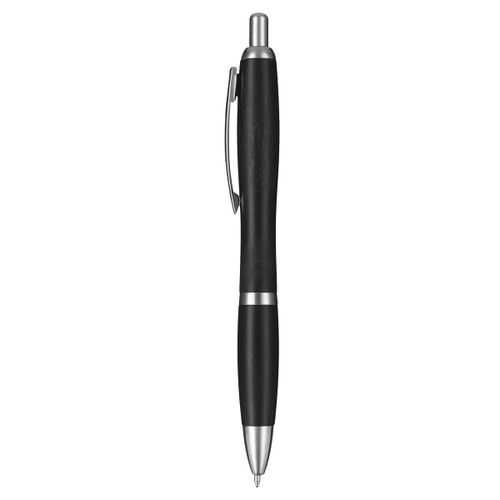 A black plastic pen with a silver clip and accents, featuring a sleek design and a logo.
