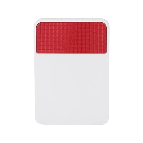 A rectangular fridge magnet clip with a textured red top and a white base, featuring a logo.