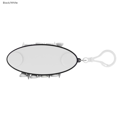 A black and white golf accessory with multiple slots, featuring a clip for attachment. It has a smooth oval shape.
