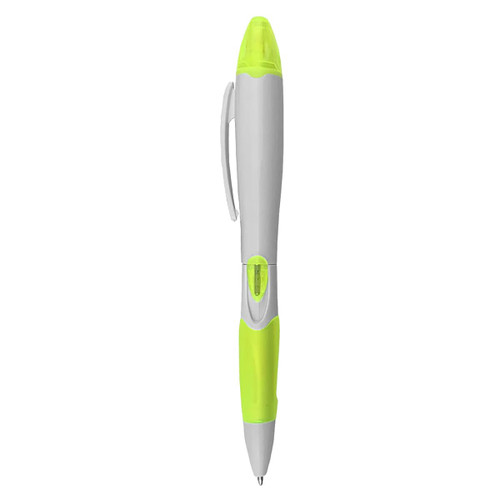 A highlighter pen in grey and bright green, featuring a clip and a logo.