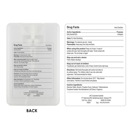 A clear 20ml hand sanitiser spray card with a white liquid inside, featuring a logo and detailed product information on the back.