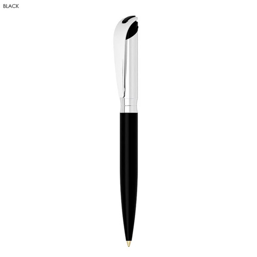A black ballpoint pen with a sleek design and silver accents. The pen features a clip and has a logo.
