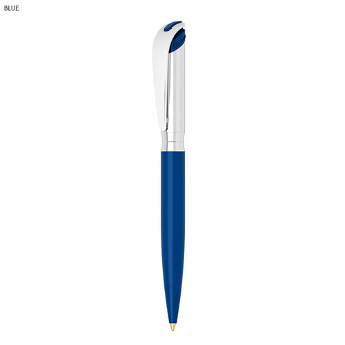 A blue metal ball pen with a sleek design and a silver clip. Features a branding logo on the body.