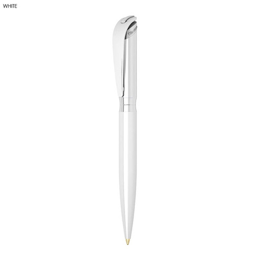 A metal ballpoint pen in white with a sleek design and a silver clip, featuring a logo.