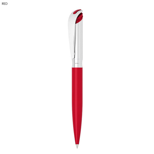 A red pen with a silver clip and tip, featuring a sleek design and a branded logo.